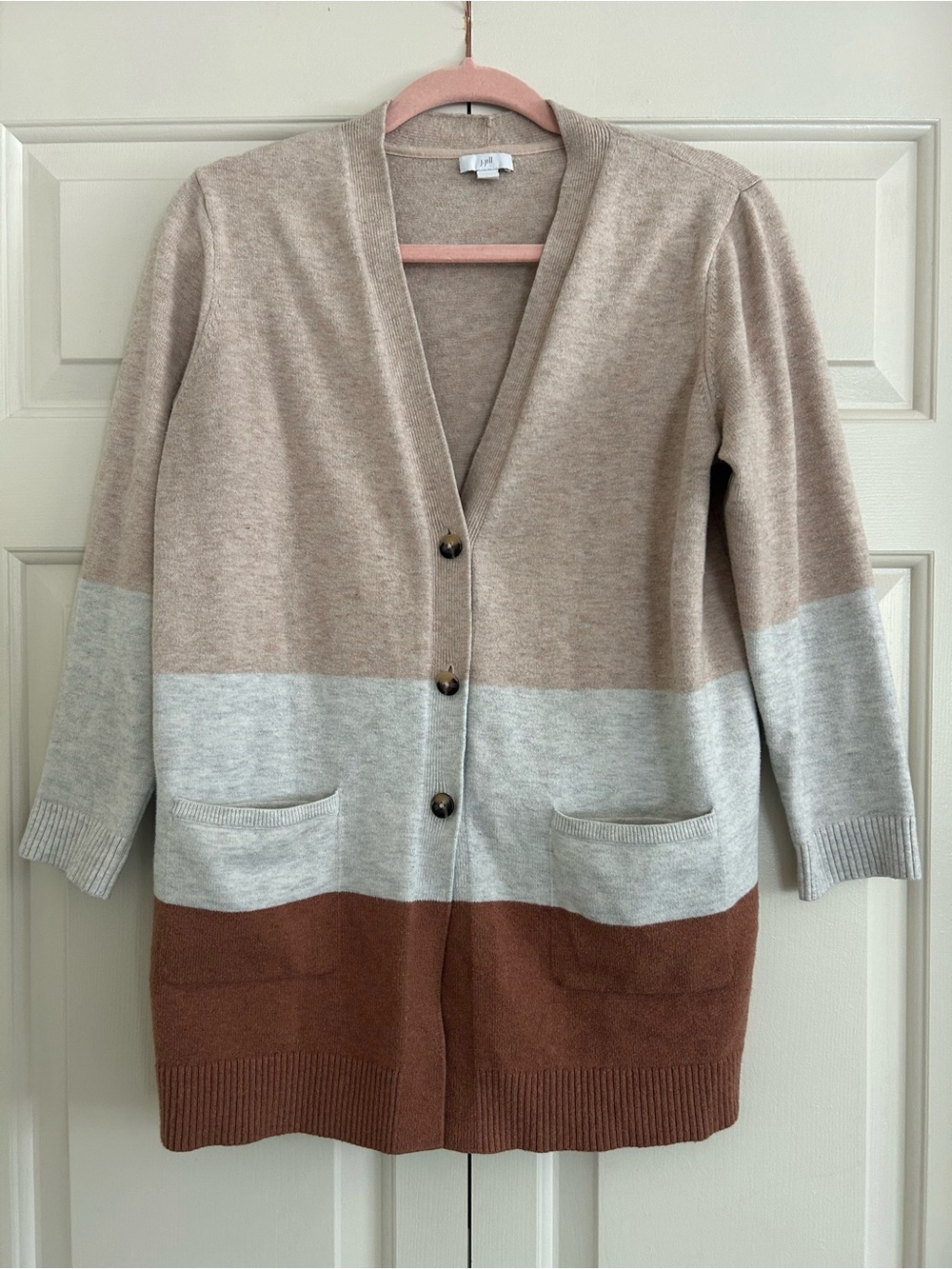 J. Jill Color-Block Button Cardigan Long Beige Cream & Rust Brown Cozy, Size M